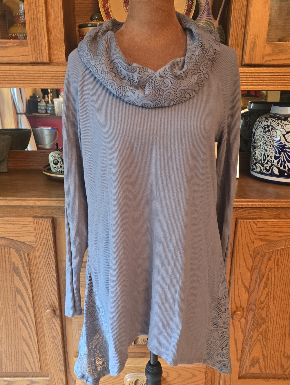 Maurices Light Blue Lace-Trim Cowl Neck Sweater
